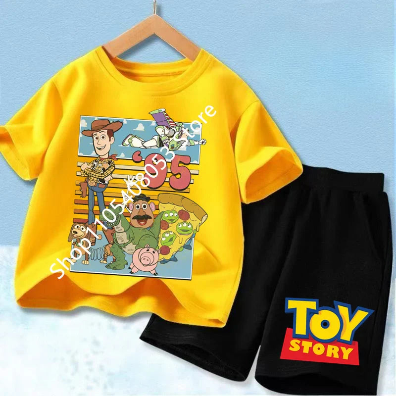 2026 Cute Toy Story Birthday Boy T-Shirt Set, Adorable Woody and Buzz Lightyear Design for Kids' Birthday Outfits