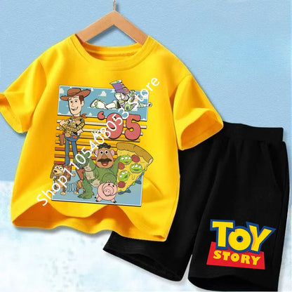 2026 Cute Toy Story Birthday Boy T-Shirt Set, Adorable Woody and Buzz Lightyear Design for Kids' Birthday Outfits