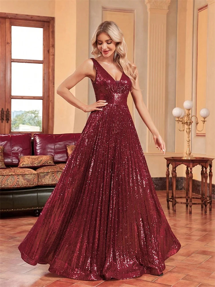 Luxury Red V-Neck Sleeveless Formal Evening Dresses Women Sequins Wedding Party Prom Maxi Cocktail Gowns Vestidos