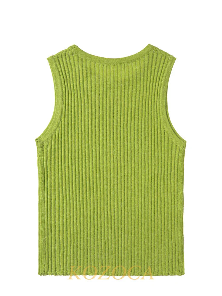100% Wool Chic Solid Tanks Elegant Striped See Through Hollow Out Women Tops Sleeveless Elastic Tops Club Party Clothes