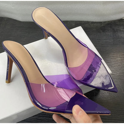 Novas Sandálias Femininas de Salto Alto de Verão Simples Transparentes de Salto Alto, Chinelos de Salto Agulha, Bico Fino, Aberto na Frente, Mules