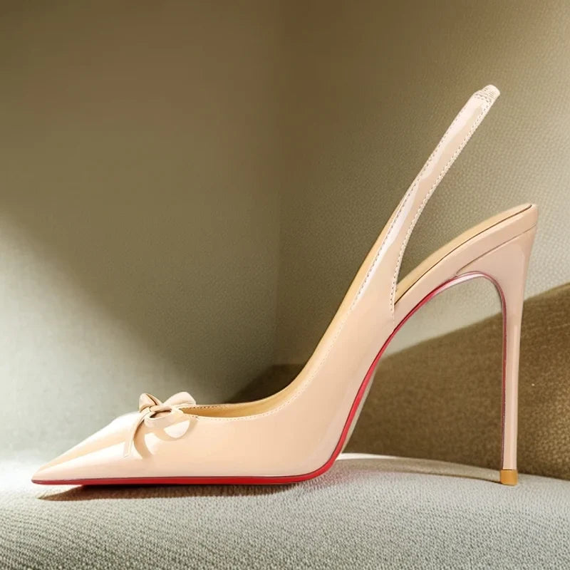 New black nude wine red patent leather pointed small bow back empty style plus size socialite high-heeled sandals