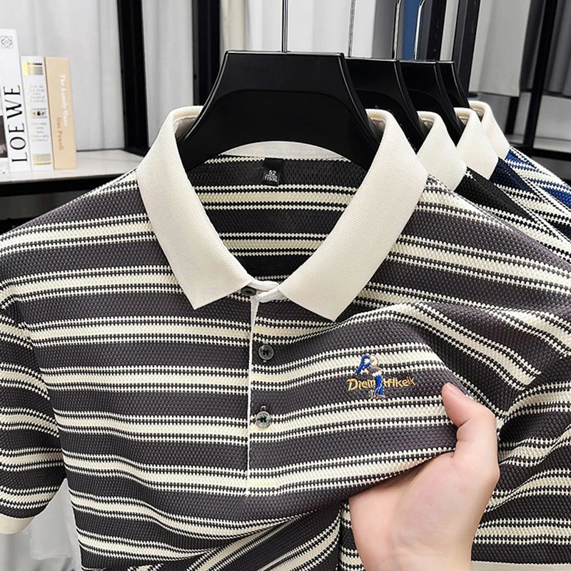 2025 Summer New Men's Polo Shirt Business Casual Collar Short Sleeve Men's Fashion Printed Stripe Half Sleeve Top