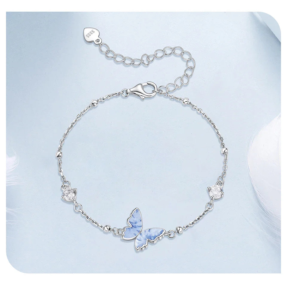 925 Sterling Silver Butterfly Charm Bracelet Lightweight CZ Beads Link Chain for Women Teens Gift Natural Wrist Decor