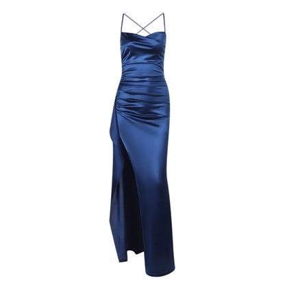Women's Fashion Elegant Fitted Pleated Slit Satin Gown Solid Color Sleeveless Backless Long Dresses Summer Satin Party Dress