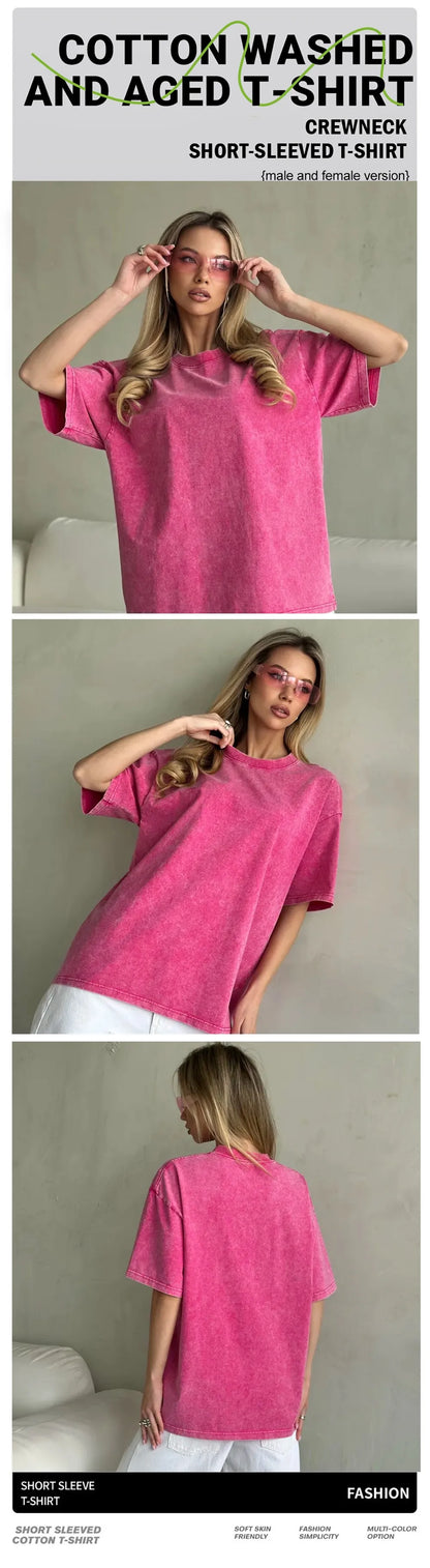 Milfa Purple Art Letter Printing Washed T-Shirts Womens Cotton Short Sleeve Tops Street O-Neck Oversize T Shirt Summer Clothes