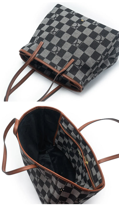 PG Shoulder Bag For Women Premium Checkerboard Canvas Tote Fashion Pink Leather Strap Handbag Elegant Office Commute Daily Bag