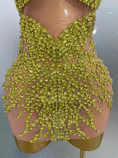 Rhinestones Sexy Mesh See Through Dress Party Evening Prom Celebrate Birthday Dress Singer Dancer Show Stage Wear
