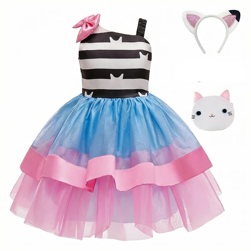2026 Summer New Kids Girls Puffy Princess Dress Cat Striped Tutu Dress Children Birthday Party Gabby Dollhouse Cosplay Costume