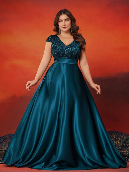 Plus Size Elegant V-Neck Blue Sequins Evening Dress Long Luxury Women Satin Sleevesless Party Prom Cocktail  Gowns