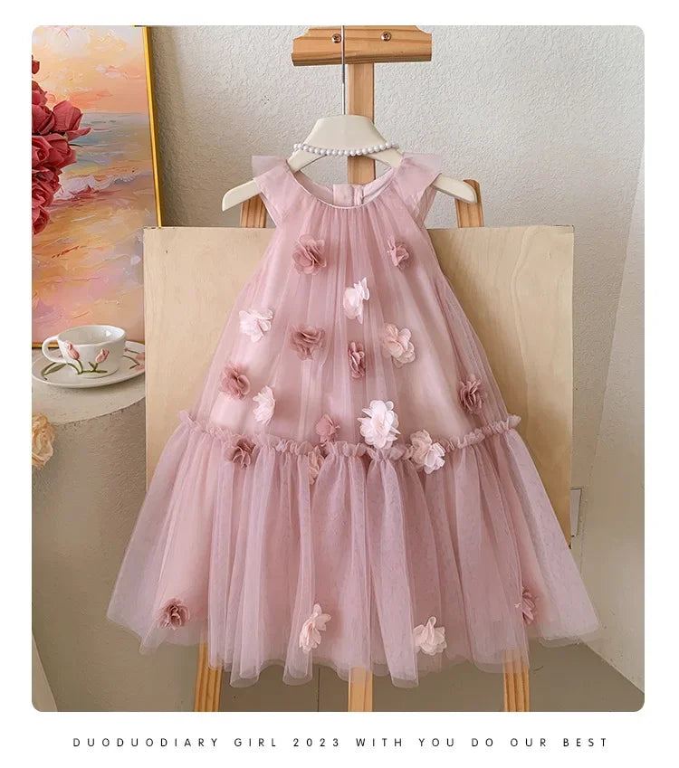 Girls' Sleeveless Floral Mesh Dress - Princess Party Gown for Toddlers 2-8 Years, Breathable Wedding & Special Occasion Dress