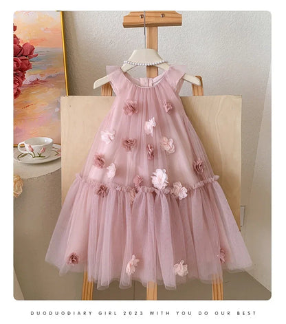 Girls' Sleeveless Floral Mesh Dress - Princess Party Gown for Toddlers 2-8 Years, Breathable Wedding & Special Occasion Dress