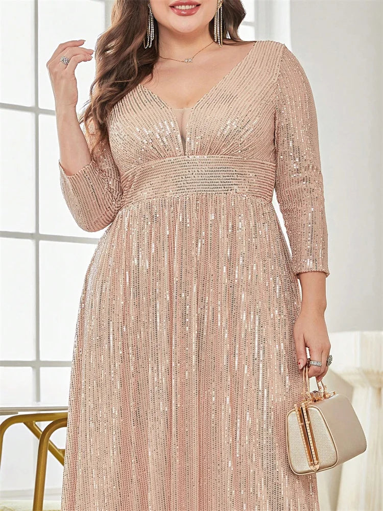 Vestidos de Festa Plus Size de Luxo com Decote V Manga Longa Paetês Elegante para Mulheres Casamento Baile Noite Coquetel Formatura