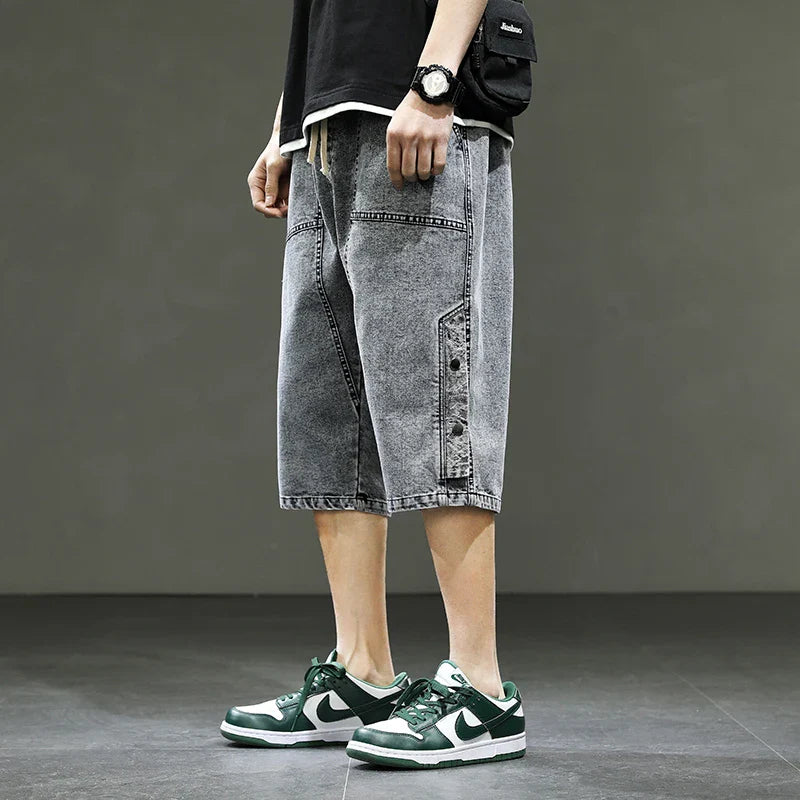 Korean Style Summer Men's Black Wide Leg Denim Shorts New Fashion Casual Baggy Short Jeans Male Plus Size 6XL 8XL YBR602