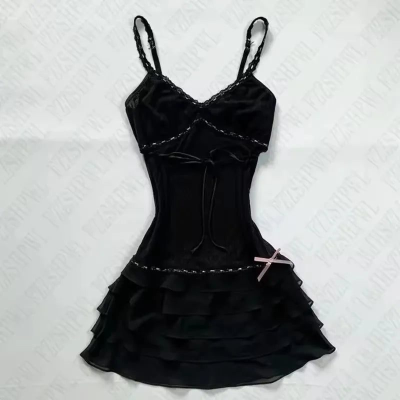 Harajuku Solid Lace Sweet Girly Dresses Elegant Strap Short Sleeve Suspenders Waist Dress Japanese Kawaii Bow Patchwork Clothes