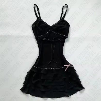 Harajuku Solid Lace Sweet Girly Dresses Elegant Strap Short Sleeve Suspenders Waist Dress Japanese Kawaii Bow Patchwork Clothes