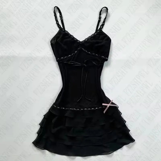 Harajuku Solid Lace Sweet Girly Dresses Elegant Strap Short Sleeve Suspenders Waist Dress Japanese Kawaii Bow Patchwork Clothes