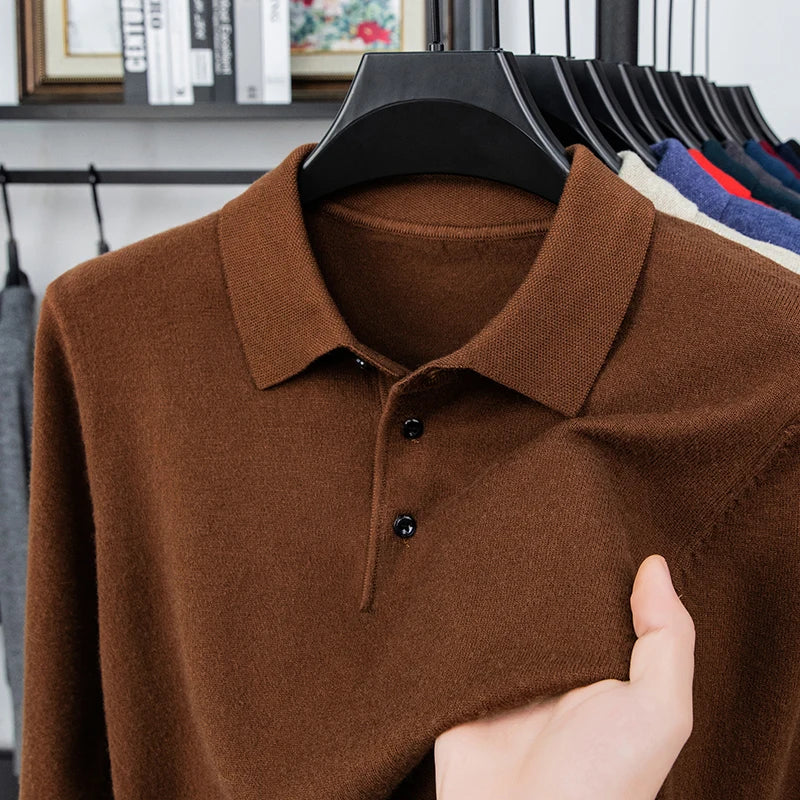 Original Quality Men's Polo Shirt Exquisite Simple Long Sleeve Knitted Lapel Sweater Autumn Winter Business Casual Menswear Top