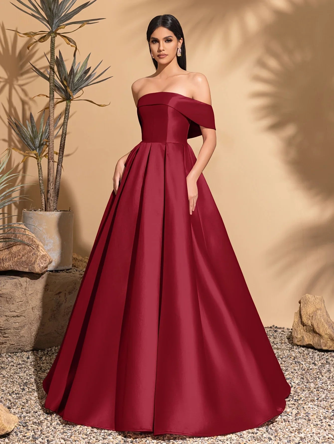 Off-the-shoulder satin dress with back tie, elegant and chic dress