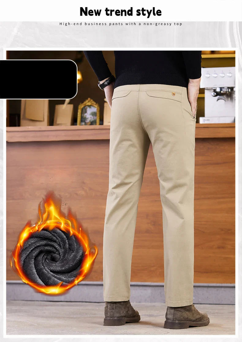 2025 Winter Fleece Pants Men's Pocket Fashion Thickened Cotton Stretch Comfort Plush Straight Business Pants Male