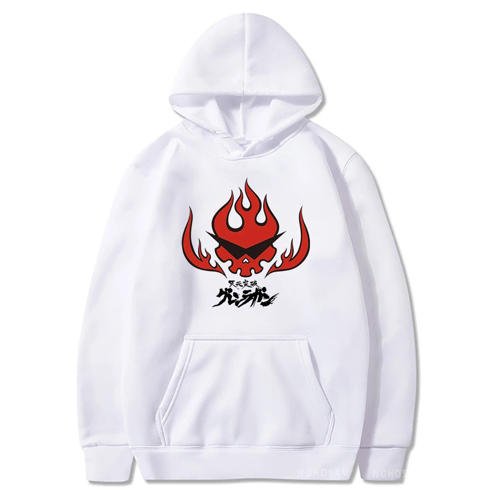Anime Tengen Toppa Gurren Lagann Letter Hoodies Harajuku Flaming Skull Red Graphic Autumn Winter Warm Patchwork Sweatshirts