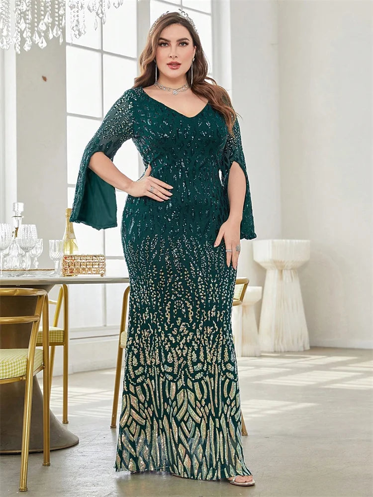 Vestido de Festa Elegante Plus Size com Lantejoulas Preto 2025 Feminino Formal Maxi Baile Mangas Compridas Festa Luxuoso Coquetel
