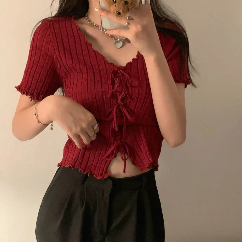 TShirt For Women V-neck Summer Simple Versatile Casual Crop Tops Bandage Ribbed Short Sleeve Women's Top T-Shirt Girl