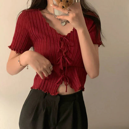 TShirt For Women V-neck Summer Simple Versatile Casual Crop Tops Bandage Ribbed Short Sleeve Women's Top T-Shirt Girl