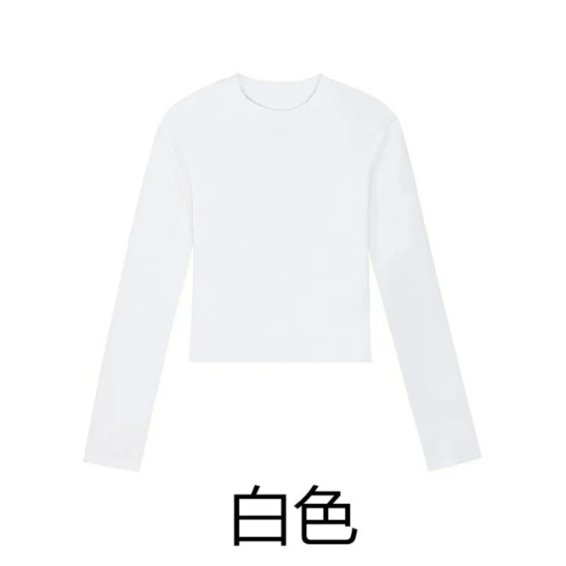 Camisa Feminina Gola O Manga Longa de Algodão Sexy Cropped Tops Outono 2025 Preta Casual Skinny Slim Básica Camisetas Femininas Roupas Brancas