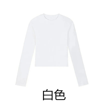 Camisa Feminina Gola O Manga Longa de Algodão Sexy Cropped Tops Outono 2025 Preta Casual Skinny Slim Básica Camisetas Femininas Roupas Brancas