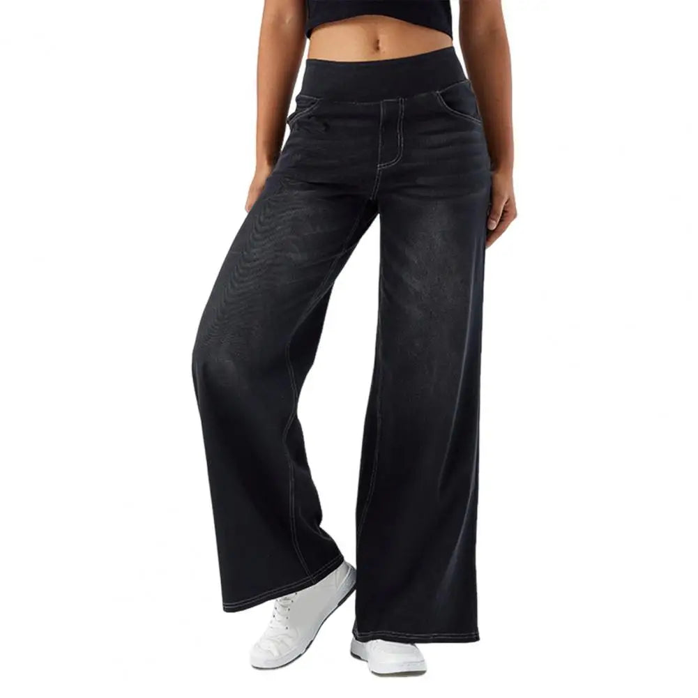 Wide Leg Jeans Solid Color Elastic High Waist Lady Pants