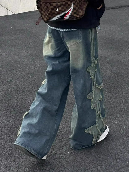 Star Jeans for Women Girls Baggy Cute Patchwork Denim Pants Y2k High Waisted Jeans Grunge Aesthetic Clothes