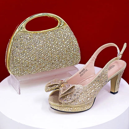 Style Dark Green Color Rhinestone Elegant High Heels Nigeria Popular Design African Ladies Shoes And Bag Set