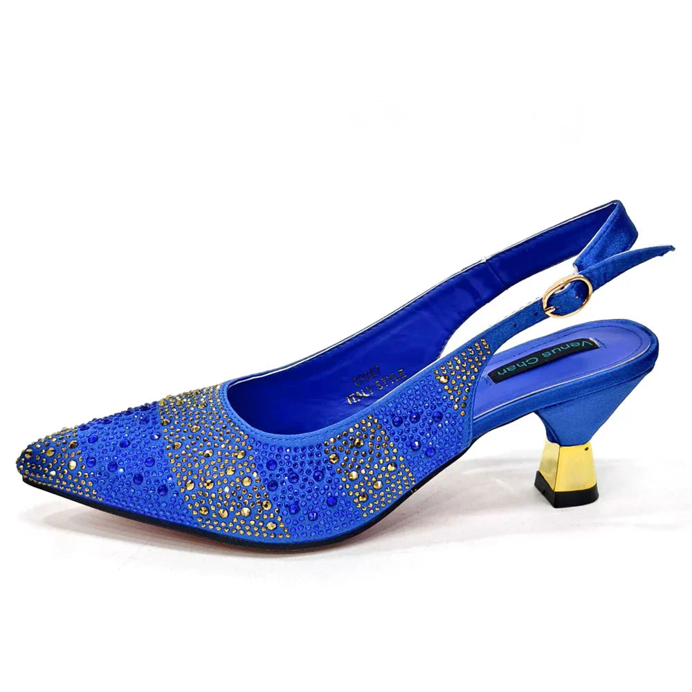 High Heels Shoes for Women Embroidery Rhinestone Italian Design Gold Color Pointed Toe Shoes and Bags Set Fashio