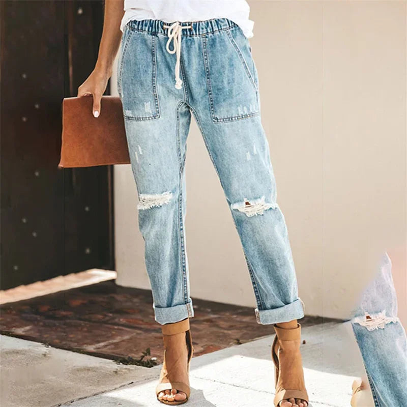 Women's Elasticated Waist Drawstring Tie Straight Jeans