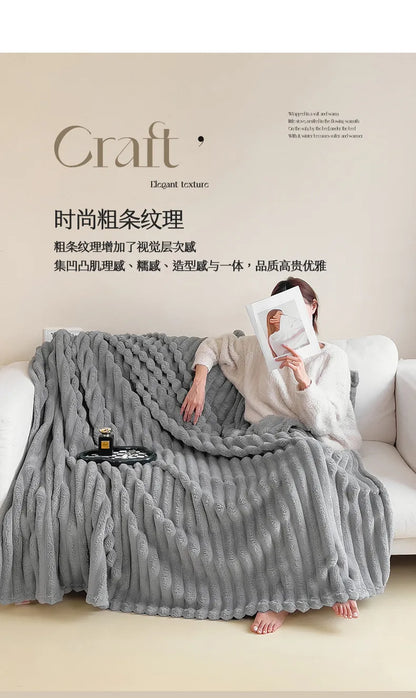 2025 New Rabbit Plush Blanket Draw Stripe Thickened Flannel Blanket Shawl Coral Fleece Sofa Blanket, without Pillowcase