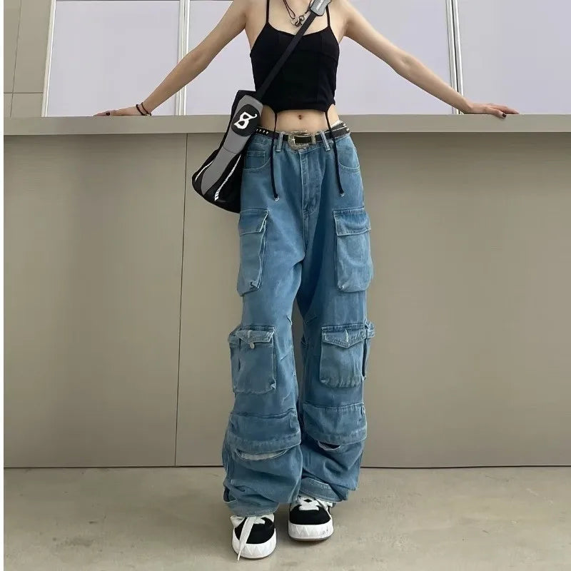 Jeans Feminino Moderno para Trabalho | Jeans Preto e Cinza de Rua com Vários Bolsos | Design Funcional Americano de Cintura Alta