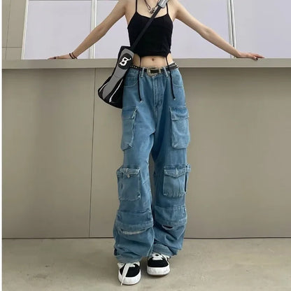 Jeans Feminino Moderno para Trabalho | Jeans Preto e Cinza de Rua com Vários Bolsos | Design Funcional Americano de Cintura Alta