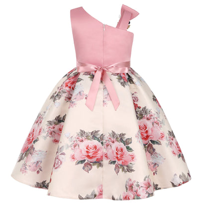 Off-the-Shoulder Dress European and American Princess Dress Girls' Printed Formal Dress Children's Hostess Dress