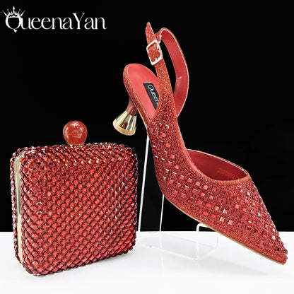 Italian Design Rhinestone Luxury Navy Blue Pointed Toe Shoe & Bag Set Women High Heels for Parties High Quality