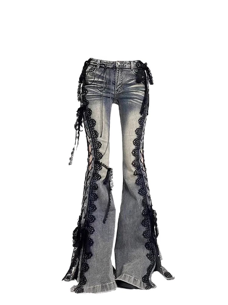 Women Dark Academia Goblin Core Harajuku Y2K Low Rise Lace Jeans Abi Denim Flare Pants Bell-Bottom Y2k Japanese Goth Gyaru Kpop