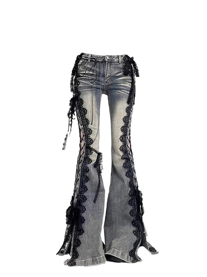Women Dark Academia Goblin Core Harajuku Y2K Low Rise Lace Jeans Abi Denim Flare Pants Bell-Bottom Y2k Japanese Goth Gyaru Kpop