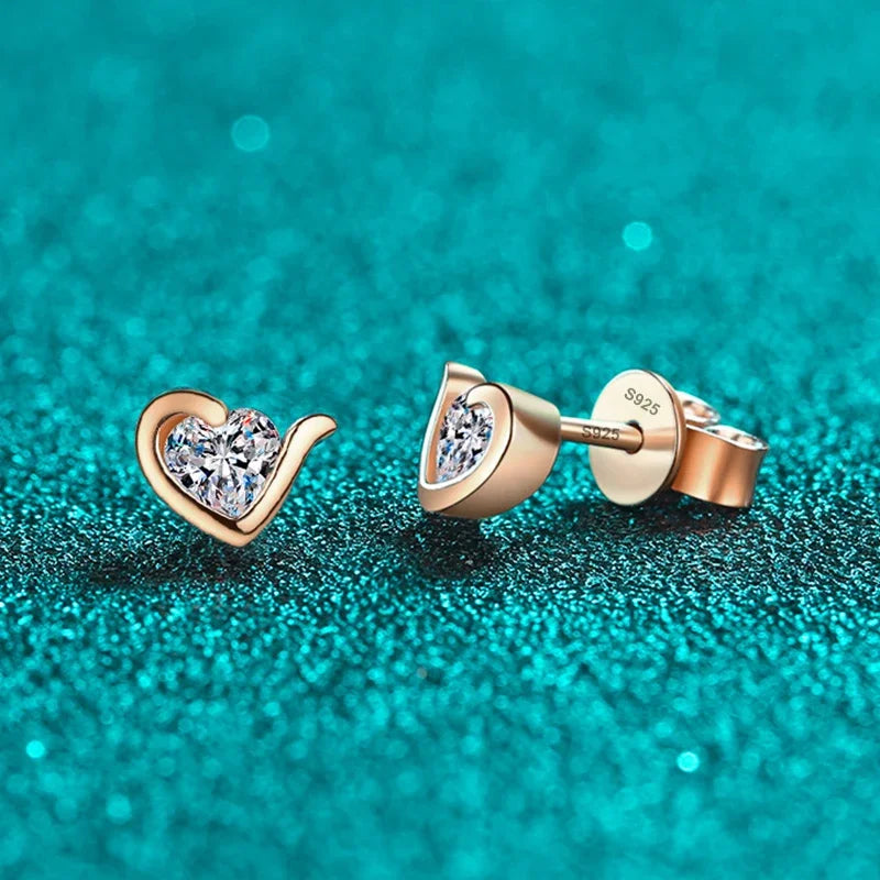 Moissanite Heart Stud Earrings for Women 925 Sterling Silver with White Champagne Gold Plated Wedding Earring Certified