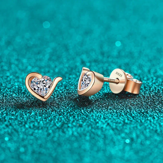 Moissanite Heart Stud Earrings for Women 925 Sterling Silver with White Champagne Gold Plated Wedding Earring Certified