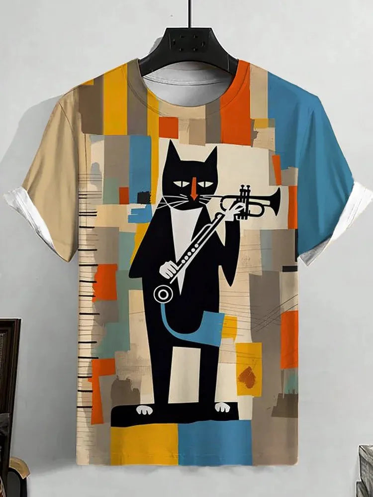 Men's Animal Funny Cat Printed T Shirt Short Sleeve Tees Tops 3D Print O-Neck Shirts Party Summer Casual Men's Clothing Apparel