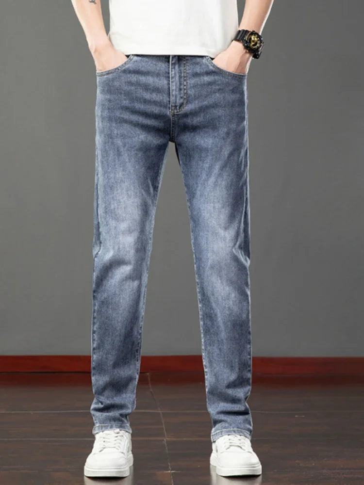 2026 Summer Men's Jeans Slim Fit Jeans Thin Stretch Straight Light Business Casual Denim Long Pants Male Classic Style Brand