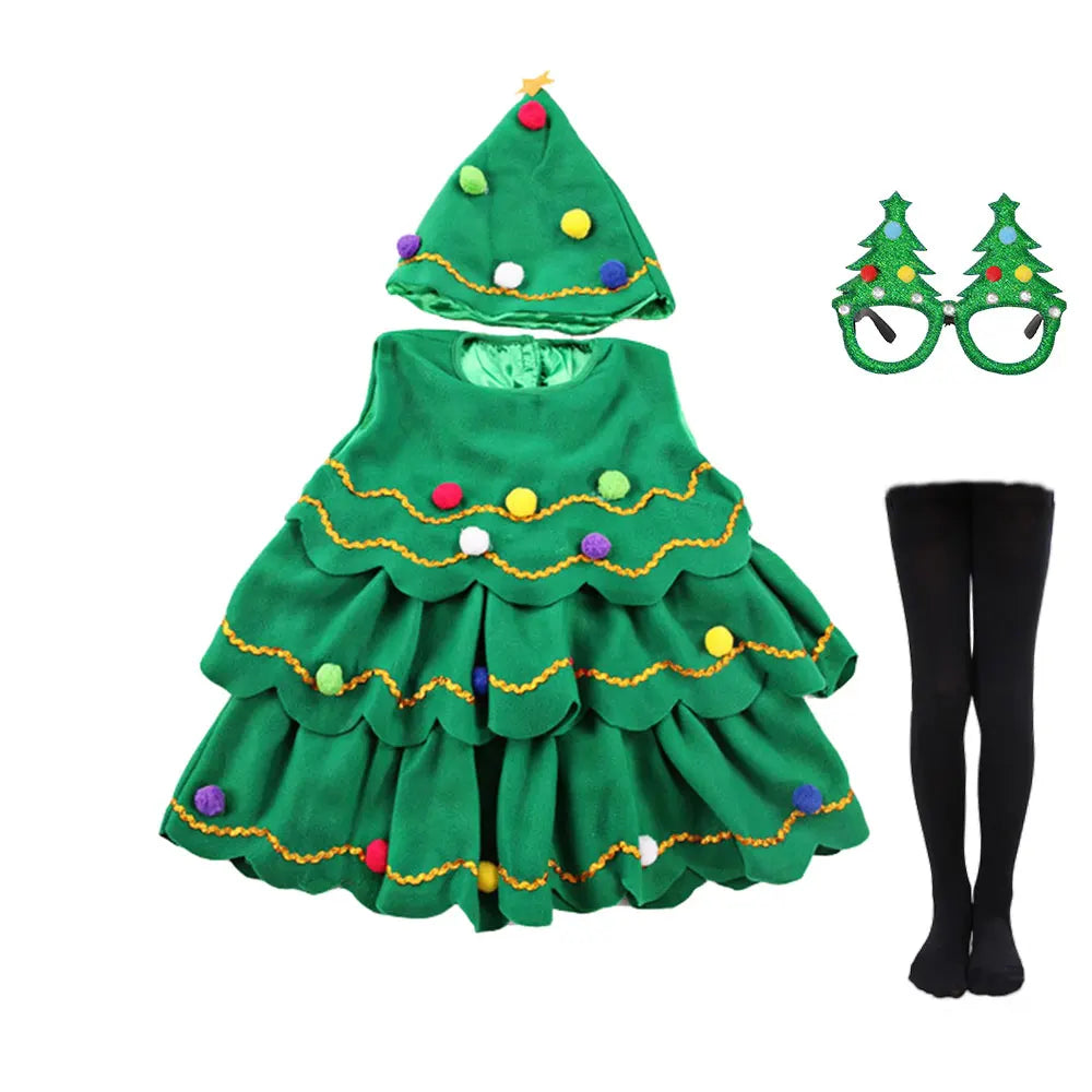2024-2025 Girl Chritmas Tree Cosplay Costume 2 Pieces Set Dress+Hat Adorable Xmas Party Clothing Toddler St.Nicholas Day Apparel