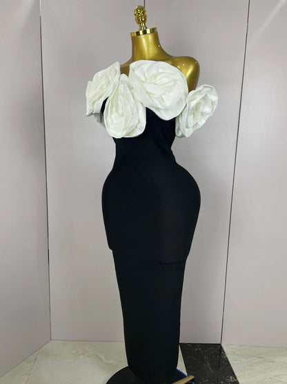 Red Flowers Sexy Off The Shoulder Ankle Lenght Bandage Dress Woman Birthday Party Vestido Wedding Party Outfit
