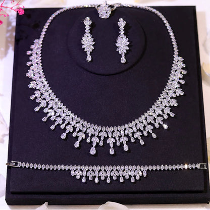Dubai Jewelry Sets Leaf Design Bridal Necklace Earring Set 5A Cubic Zirconia Femme Ladies Wedding Accessories