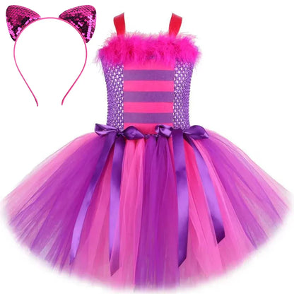 Fantasias Gato Cheshire Rosa Pink e Roxo para Bebês Meninas Roupa de Tutu Chique de Animal para Crianças Festa de Carnaval com Orelhas Laço e Meias